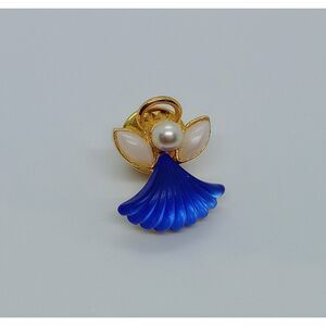 Vintage Olit Gold Tone Blue Lucite & Faux Pearl Angel Brooch Pin
